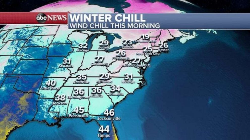 to New York City. In Bluefield, West Virginia, the wind chill reached 19 degrees, while in New York City, the wind chill reached 29 degrees on Friday.
