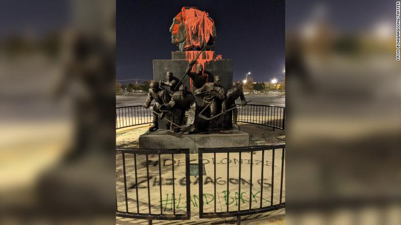 Chicago Blackhawks statue vandalized with paint and an indigenous rights phrase